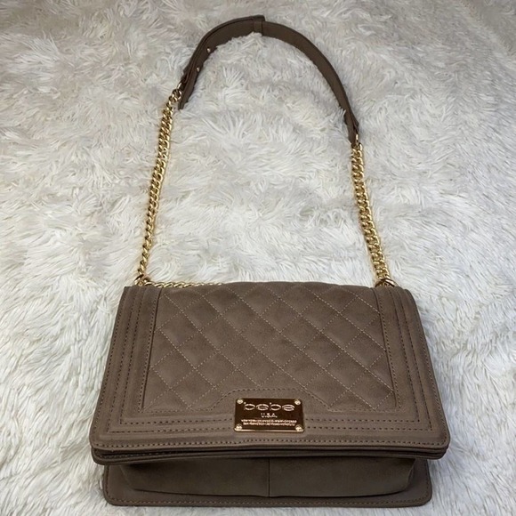 Bebe Quilted Crossbody Bag Vintage Taupe Gold Chain Shoulder Purse Flap Handbag - Picture 2 of 7